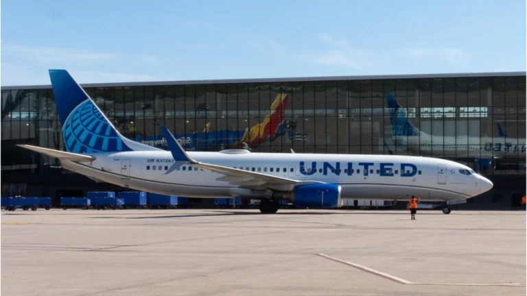 United Airlines passenger jet parked on the tarmac at a gate with a glass terminal behind and a ground crew member in an orange vest nearby.