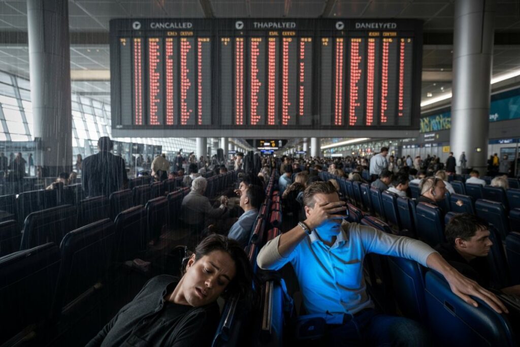 Busy airport terminal with a large digital departure board overhead and passengers seated in blue chairs, some resting or waiting for flights.