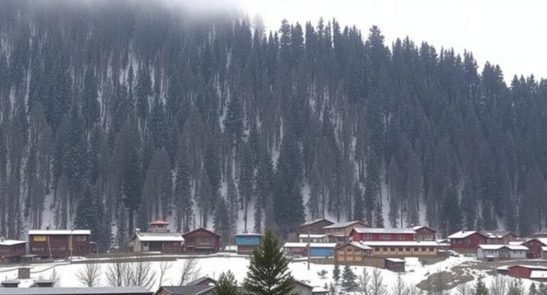 Snowy village at the base of a dense pine forest with a snow-covered field in front.