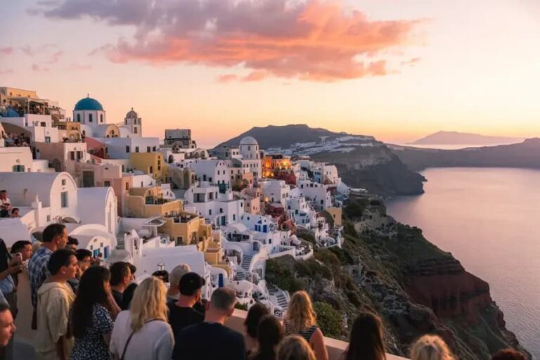 Sunset over white Santorini buildings with blue domes, a cliffside village crowded with tourists overlooking the sea.