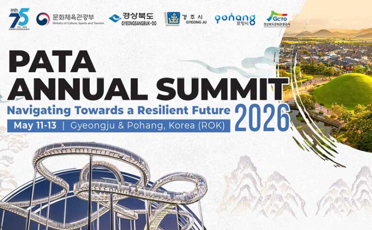 Poster for PATA Annual Summit 2026—'Navigating Towards a Resilient Future,' May 11–13 in Gyeongju & Pohang, Korea, with cityscape and roller-coaster visuals.