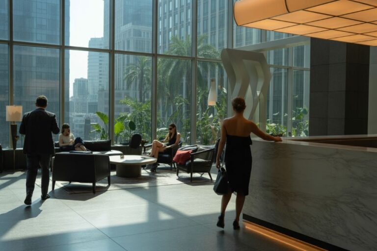 Modern hotel lobby with large glass walls; guests sit on black sofas while a woman in a black dress stands near a marble reception.