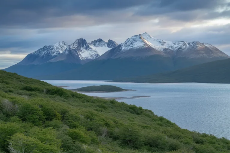 Snow-capped mountains rise over a calm blue lake with green forest in the foreground under a cloudy sky.
