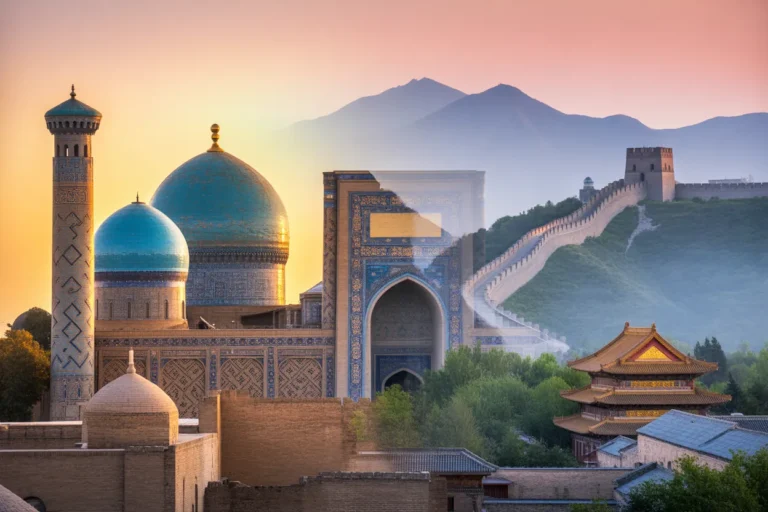 Sunset scene with turquoise-domed mosque, intricate tilework, a stone gate, a winding fortress wall, and a multi-tiered pagoda among trees beneath distant mountains.