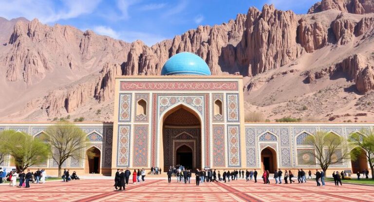 Ornate mosque entrance with a bright blue dome, intricate tilework, and visitors in a courtyard with desert mountains behind it.
