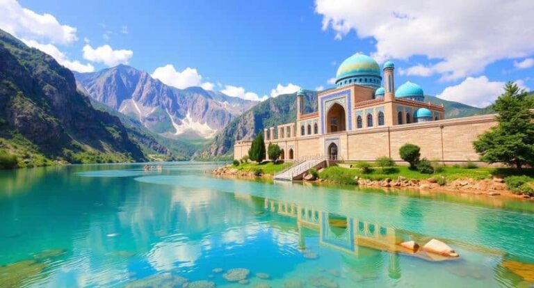 Turquoise lake with an ornate turquoise-domed building on its edge, mountains in the background and clear blue sky reflected in the water.