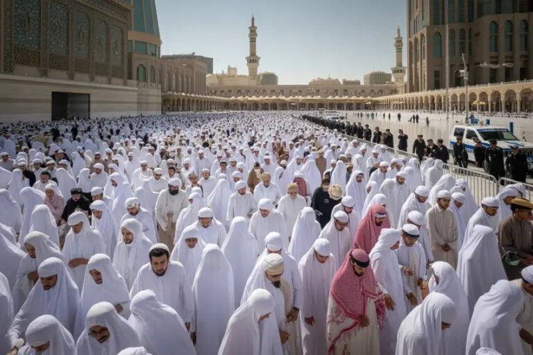 Large crowd of pilgrims in white ihram robes walking inside the Grand Mosque, Mecca, during Umrah. The expansive courtyard and minarets are visible in the background.