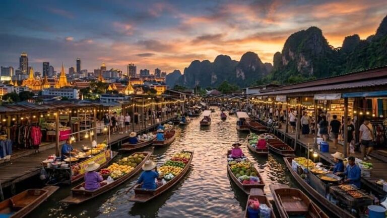 Evening at a bustling floating market with colorful fruit boats along a canal, stalls lining both sides and karst mountains in the distance.