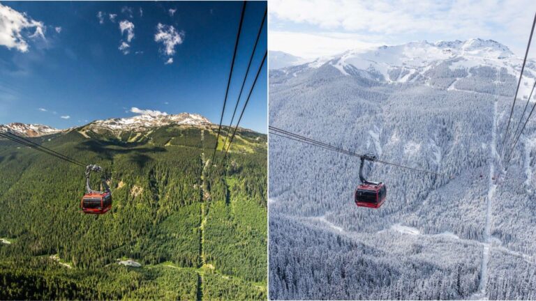 Split view of a red ski lift gondola over green forests and alpine mountains in summer (left) and snow-covered slopes in winter (right).