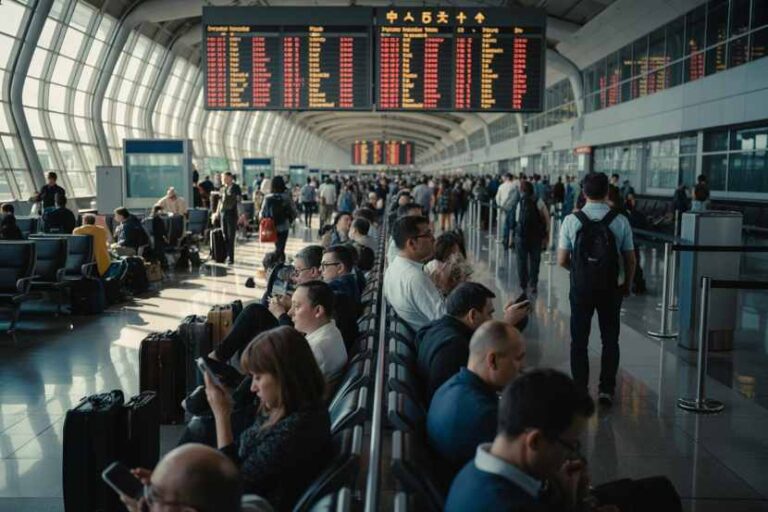 Busy airport terminal with passengers seated and standing, luggage beside them, and a large digital flight information board overhead in a curved glass-walled concourse.