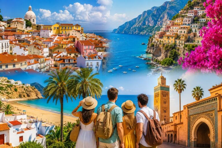 Four travelers with backpacks overlook a bright Mediterranean coast, with colorful hillside houses, palm trees, and pink bougainvillea framing the scene.