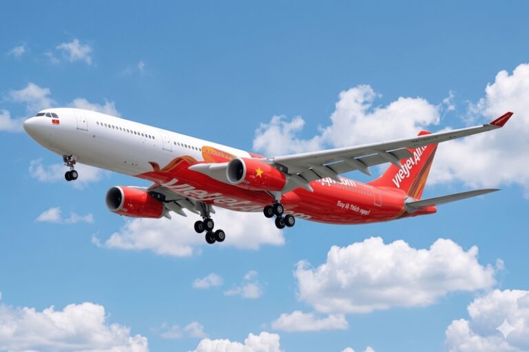 VietJetAir red commercial airplane in flight against a blue sky with clouds.