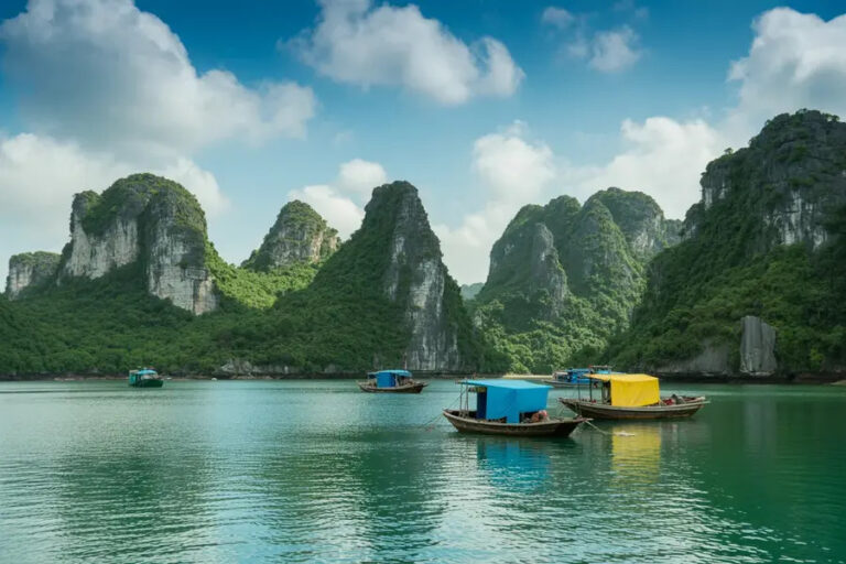 Boats with colorful canopies float on calm emerald water against towering limestone karsts and a blue sky.