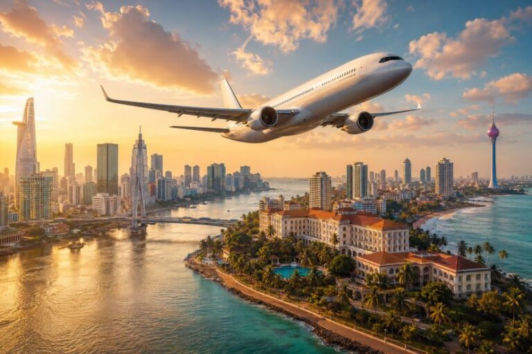Airplane flying low over a coastal city skyline at sunset, with tall buildings and a bridge over the water.