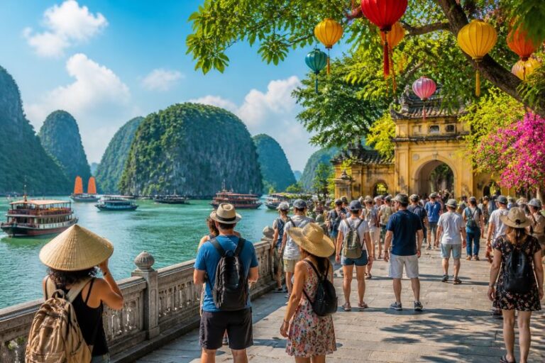 Crowded riverside promenade with tourists, colorful lanterns in the trees, and limestone mountains across the water with boats nearby.