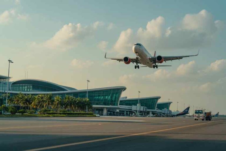 Airplane lifting off over the runway beside a modern glass-airport terminal on a sunny day