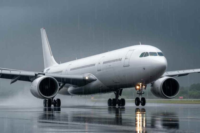 Commercial airliner taxiing on a wet runway in heavy rain, engines running and lights on under gray skies.