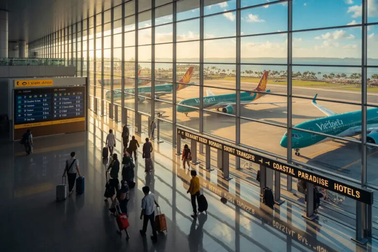 Inside a bright airport terminal with a glass wall, travelers pull suitcases toward sunlit tarmac and parked planes outside.