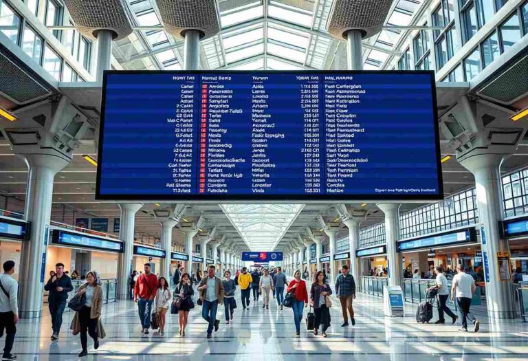 Busy airport terminal with a large blue digital departure board overhead and travelers walking with luggage.