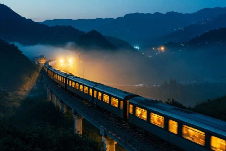 Passenger train on an elevated track at night, warm lights glowing through the windows as fog drifts over a valley and mountains in the background