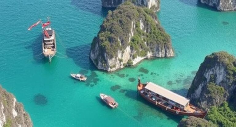 Aerial view of turquoise water with rocky islets and several boats docked near the cliffs, including a large wooden tour boat and two smaller boats.