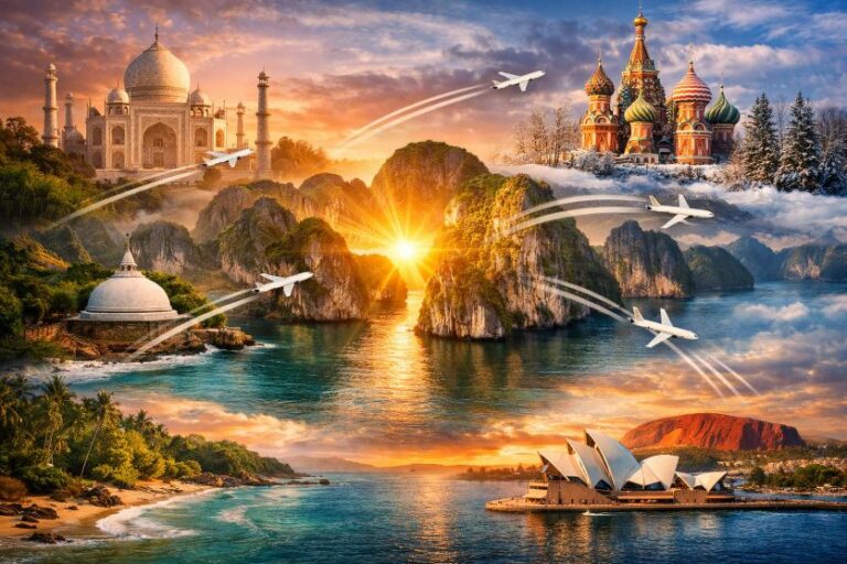 Collage of iconic landmarks (Taj Mahal, St. Basil's, Sydney Opera House) with planes arcing over a sunset harbor. (informative)