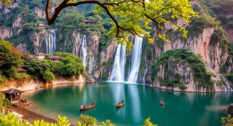 Turquoise lake with small boats and cascading waterfalls set among green cliffs and trees, viewed from a leafy foreground branch.