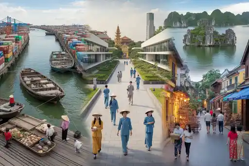 Bustling waterfront promenade along a canal with boats on the left and a lively, village-style street on the right; people in colorful outfits stroll.