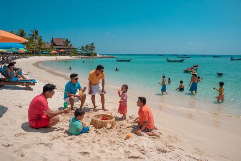 Group of adults and children playing in the sandy beach, building a sand structure with a fruit basket nearby, turquoise sea in the background with boats.