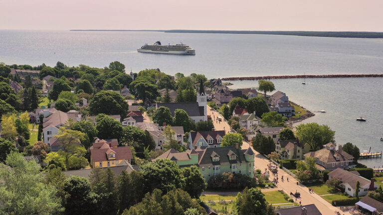 Aerial view of a seaside town with pastel houses, a white church, tree-lined streets, and a cruise ship in the bay of the horizon.
