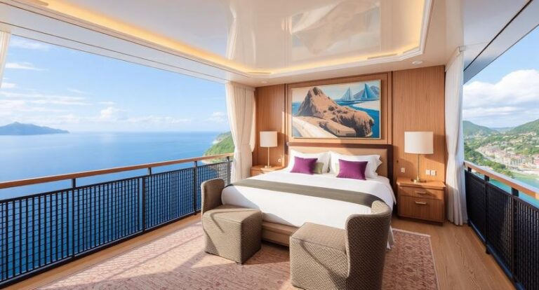 Luxurious bedroom suite with a balcony, king bed, two purple pillows, and a panoramic ocean view.