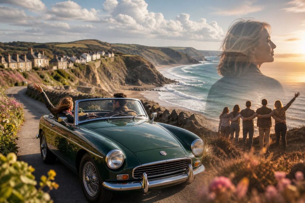 Green vintage convertible drives along a coastal cliff road at sunset; a group of friends stands arm in arm by the shore in the background.