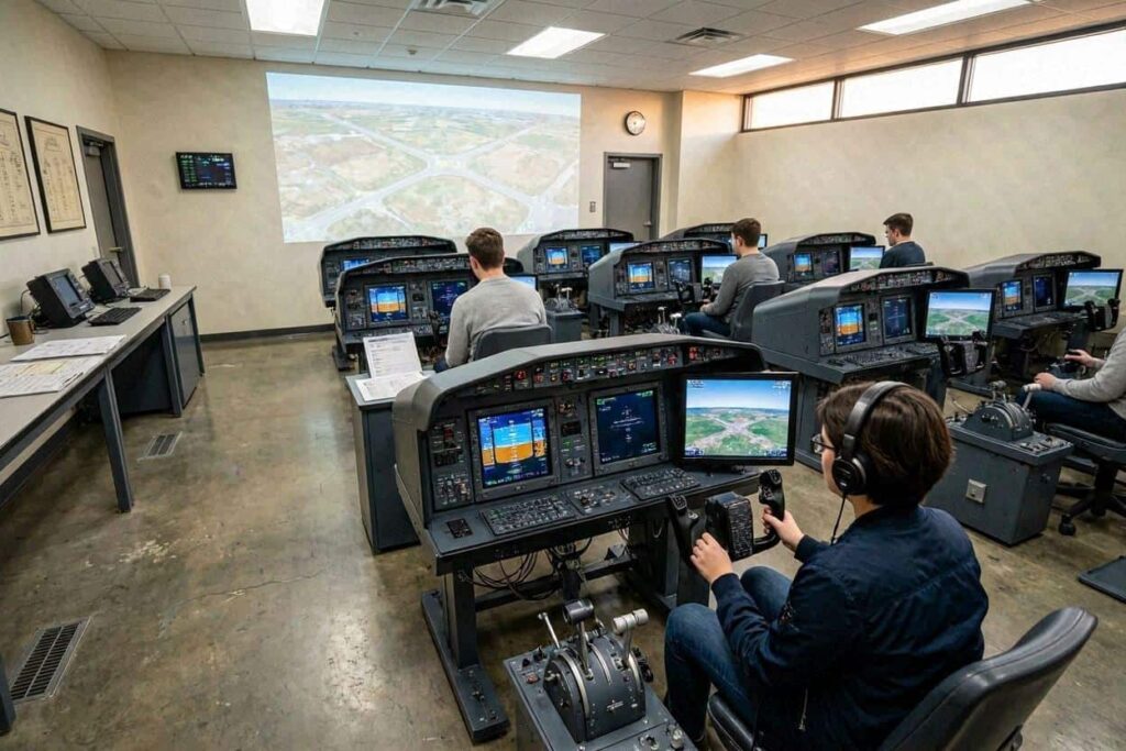 Flight-simulator classroom with multiple cockpit consoles and students training while a large projection shows airfield layouts in the front of the room.