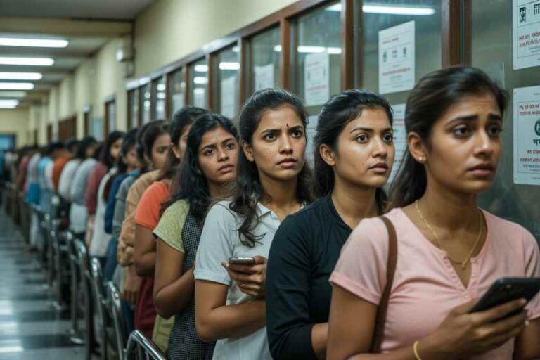 A long line of students standing in a hallway, many holding smartphones and looking ahead with neutral expressions.