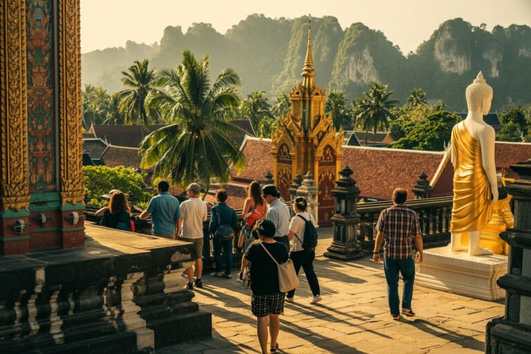 Tourists stand on a temple terrace with a golden Buddha statue and ornate architecture in warm sunlight.