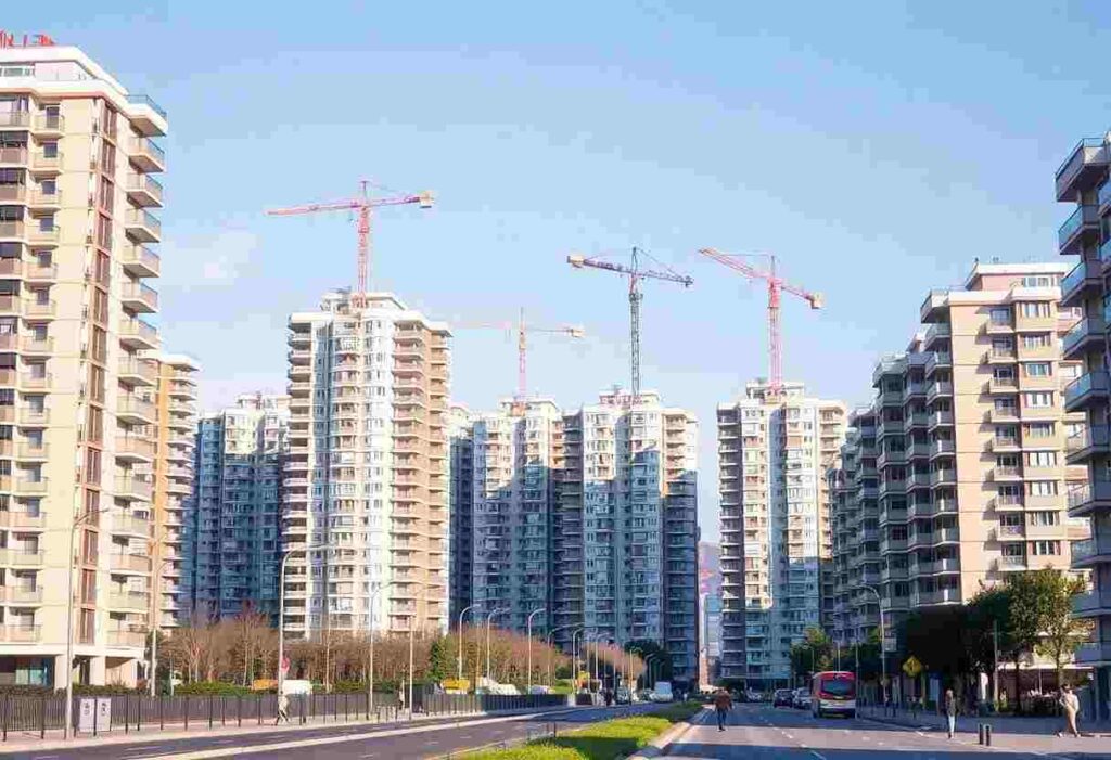 Row of tall apartment buildings under construction with cranes, lining a sunny street with cars and pedestrians.