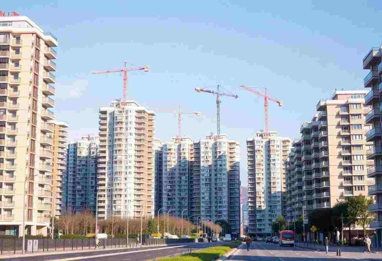 Row of tall apartment buildings under construction with cranes, lining a sunny street with cars and pedestrians.