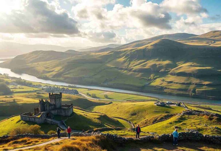 Ruined castle on a grassy hill overlooking a winding river valley, with rolling green hills and a few walkers along a stone wall in the foreground.