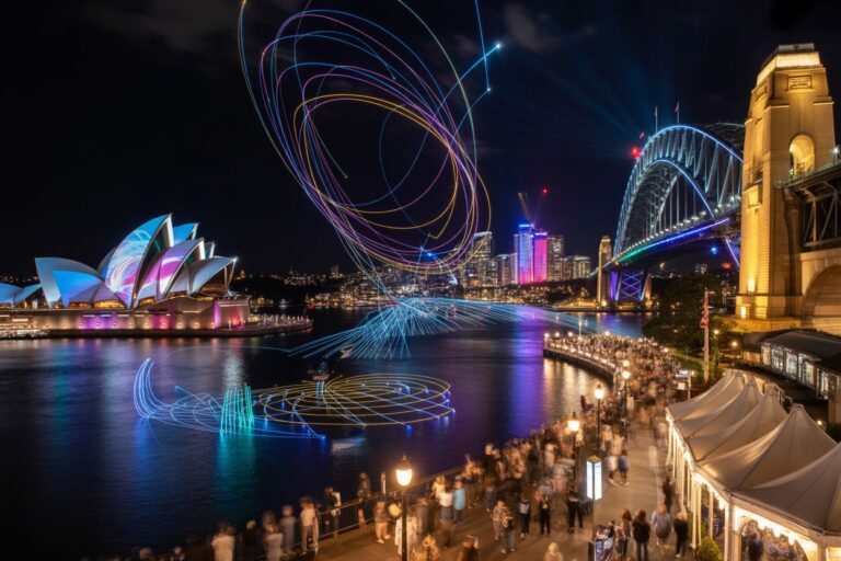 Night view of Sydney Harbour at night: Opera House on the left, Harbour Bridge on the right, with colorful light trails over the water and a crowded promenade.