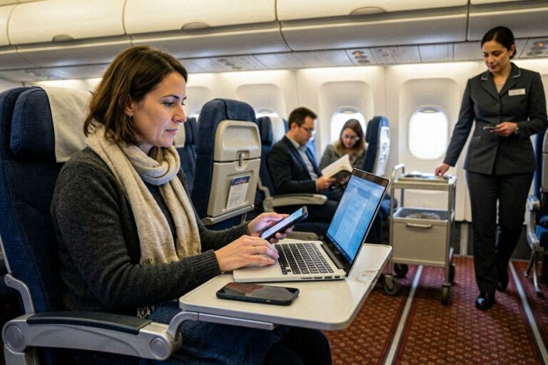 Woman on a plane working on a laptop and checking her phone at a tray table, with a flight attendant and cart in the background.
