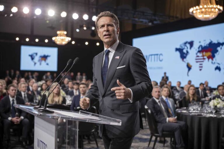 Male speaker in a dark suit delivers a keynote at a podium during a conference, with an audience and world map backdrop.