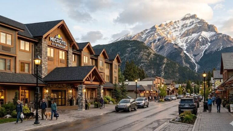 Hotel storefronts along a mountain town street with cars and pedestrians, snow-capped peaks in the background.