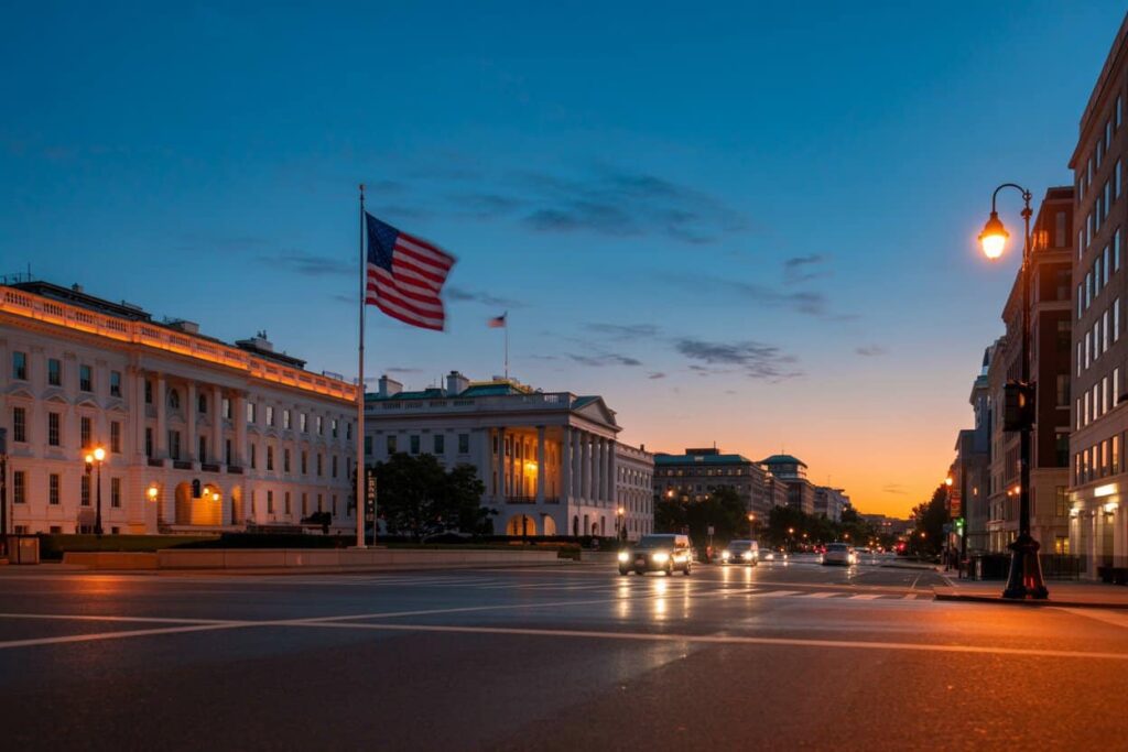 Sunset view of a city street with a large American flag near a grand white government building; cars on the road glow with streetlights.