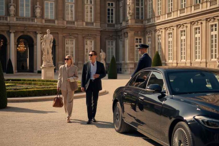 A well-dressed couple walks toward a grand building with statues as a security guard stands near a parked black car.