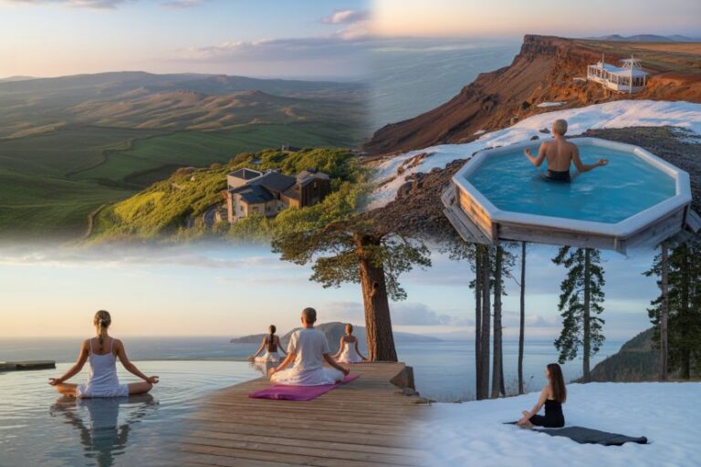 A collage of wellness locations: hillside countryside villa, cliffside hot tub, people meditating by an infinity pool, and a snowy pine landscape.
