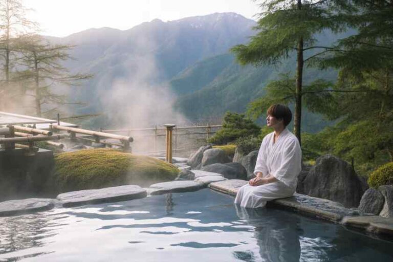 Person in a white robe sits on the edge of an outdoor hot spring, steam rising, with mountains in the background.