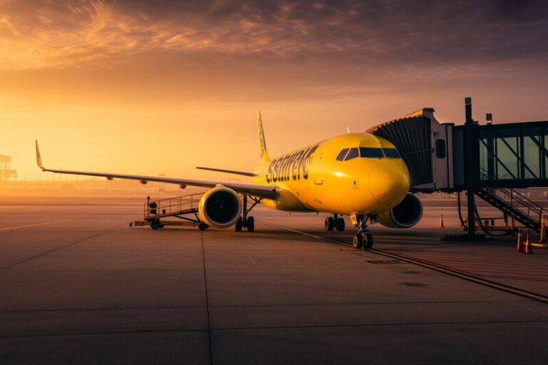 Yellow SunExpress passenger jet parked at a gate, connected to a jet bridge at sunset on the tarmac.