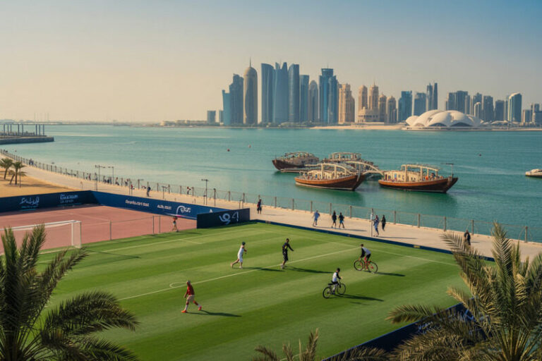 Soccer field by the water, players in motion; sailboats on a calm bay and a modern skyline in the distance.