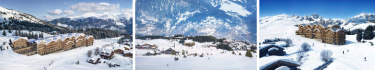 Triptych of a snow-covered Alpine village with wooden chalets and pine trees, set against towering mountain peaks under a clear blue sky.