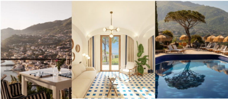 Triptych: coastal town balcony dining, bright living room with blue-and-white tiled floor, and poolside resort scene.